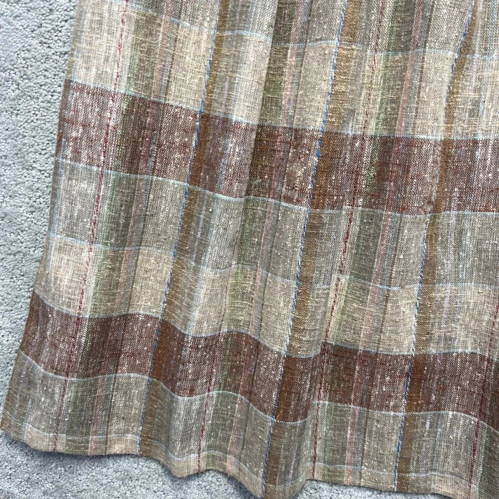 VINTAGE Louben Midi Skirt Womens Size 13/14 Brown Tan Plaid Pleated Linen Blend